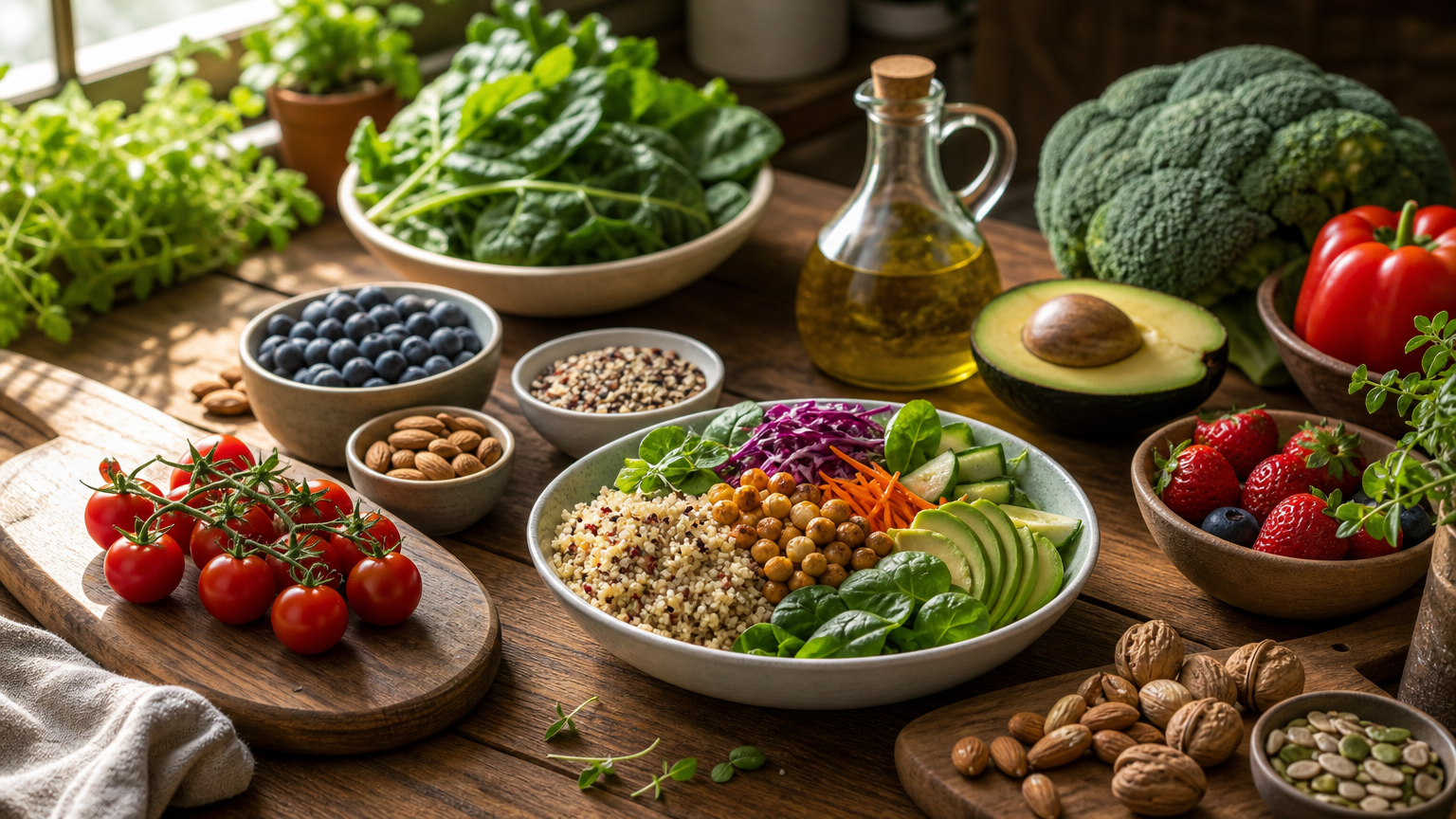 Healthy eating illustration with fresh fruits, vegetables, and grains