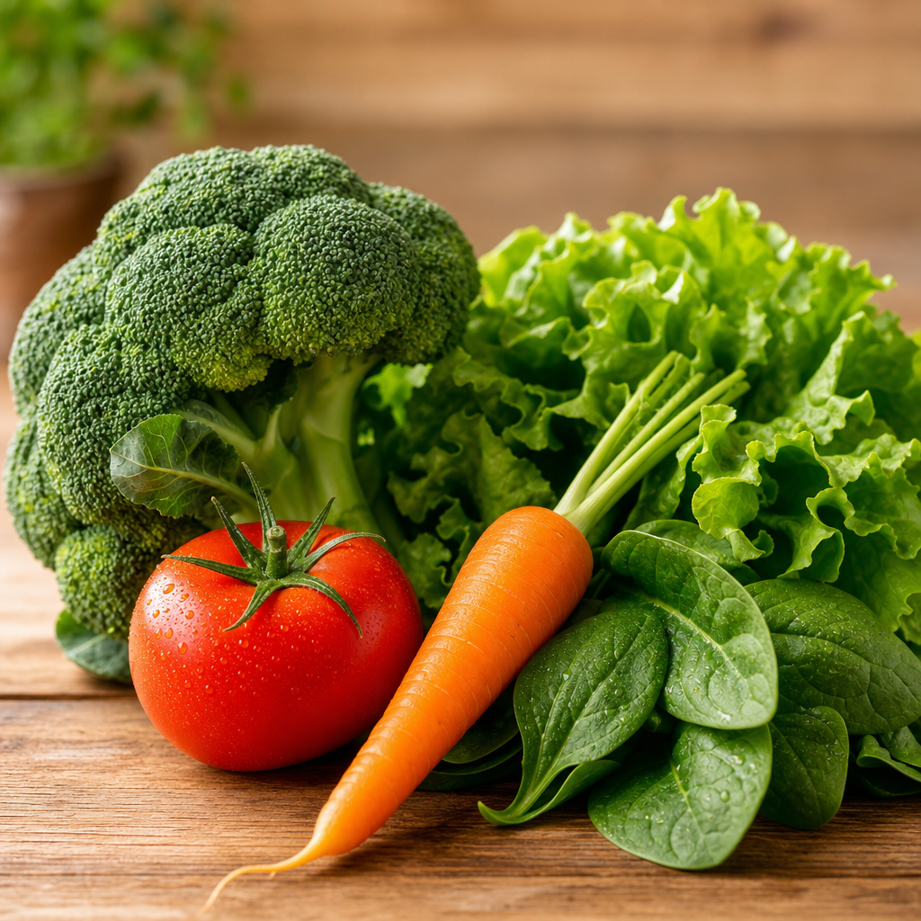 Colorful fresh vegetables on a wooden table